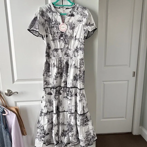 NWT Umgee Black and White Toile Print Midi Dress - Picture 1 of 5